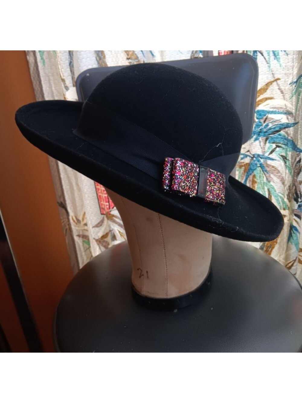 Vintage 1950s Granny Black Wool Felt Bowler Hat With Sparkling Glitter Bow Detai